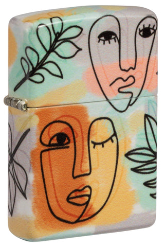 Front shot of Abstract Faces Design 540 Color Windproof Lighter standing at a 3/4 angle.