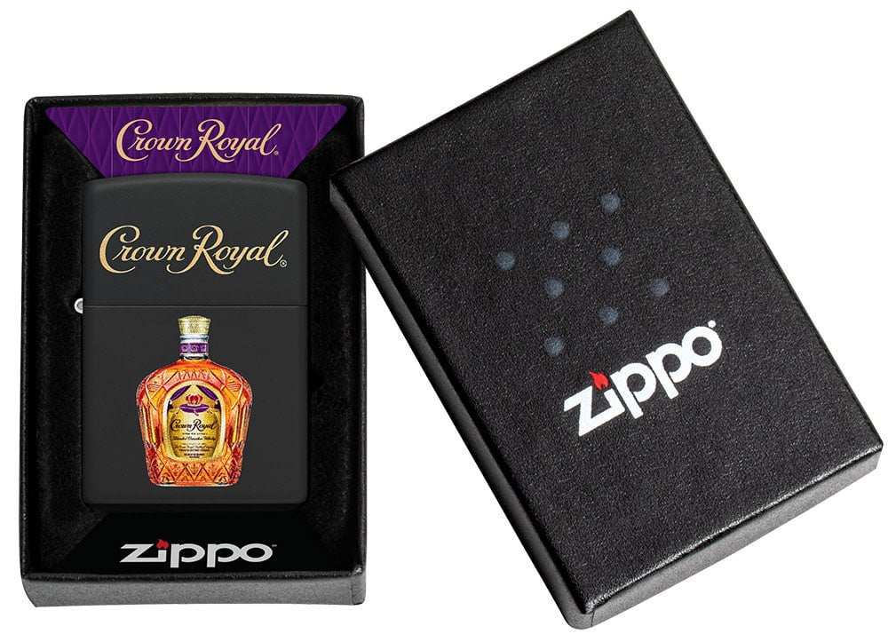 Zippo Crown Royal Logo and Bottle Black Matte Pocket Lighter in its packaging.