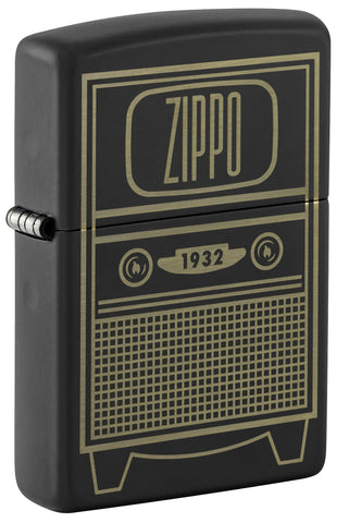 Front shot of Zippo Vintage TV Design Black Matte Windproof Lighter standing at a 3/4 angle.