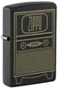 Front shot of Zippo Vintage TV Design Black Matte Windproof Lighter standing at a 3/4 angle.