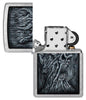 Zippo Evil Tree Design Street Chrome Windproof Lighter with its lid open and unlit.