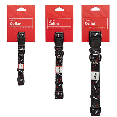 Black Nylon Pet Collar, showing the small, medium, and large sizes