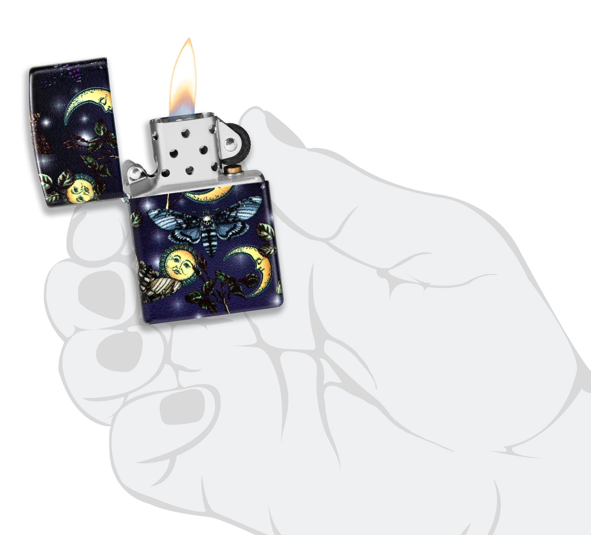 Butterfly Skull Design 540 Color Windproof Lighter lit in hand.