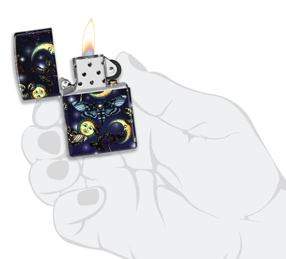 Butterfly Skull Design 540 Color Windproof Lighter lit in hand.