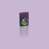 Glamour shot of Zippo Lotus Moon Design Iridescent Windproof Lighter standing in a purple scene.
