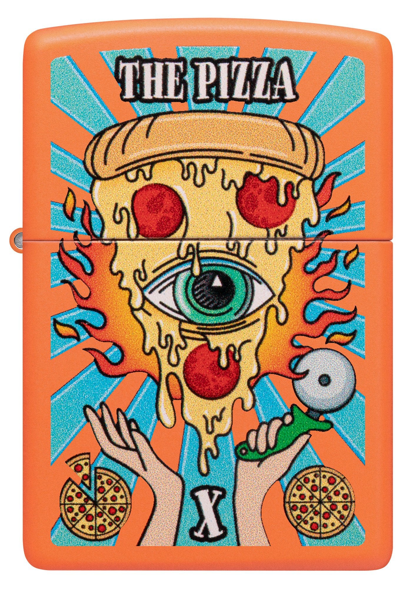 Back shot of Zippo Eye of Pizza Orange Matte Windproof Lighter.