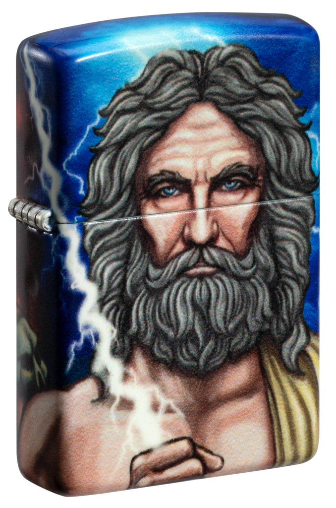 Front shot of Greek God Clash Design Glow in the Dark 540 Color Windproof Lighter standing at a 3/4 angle.