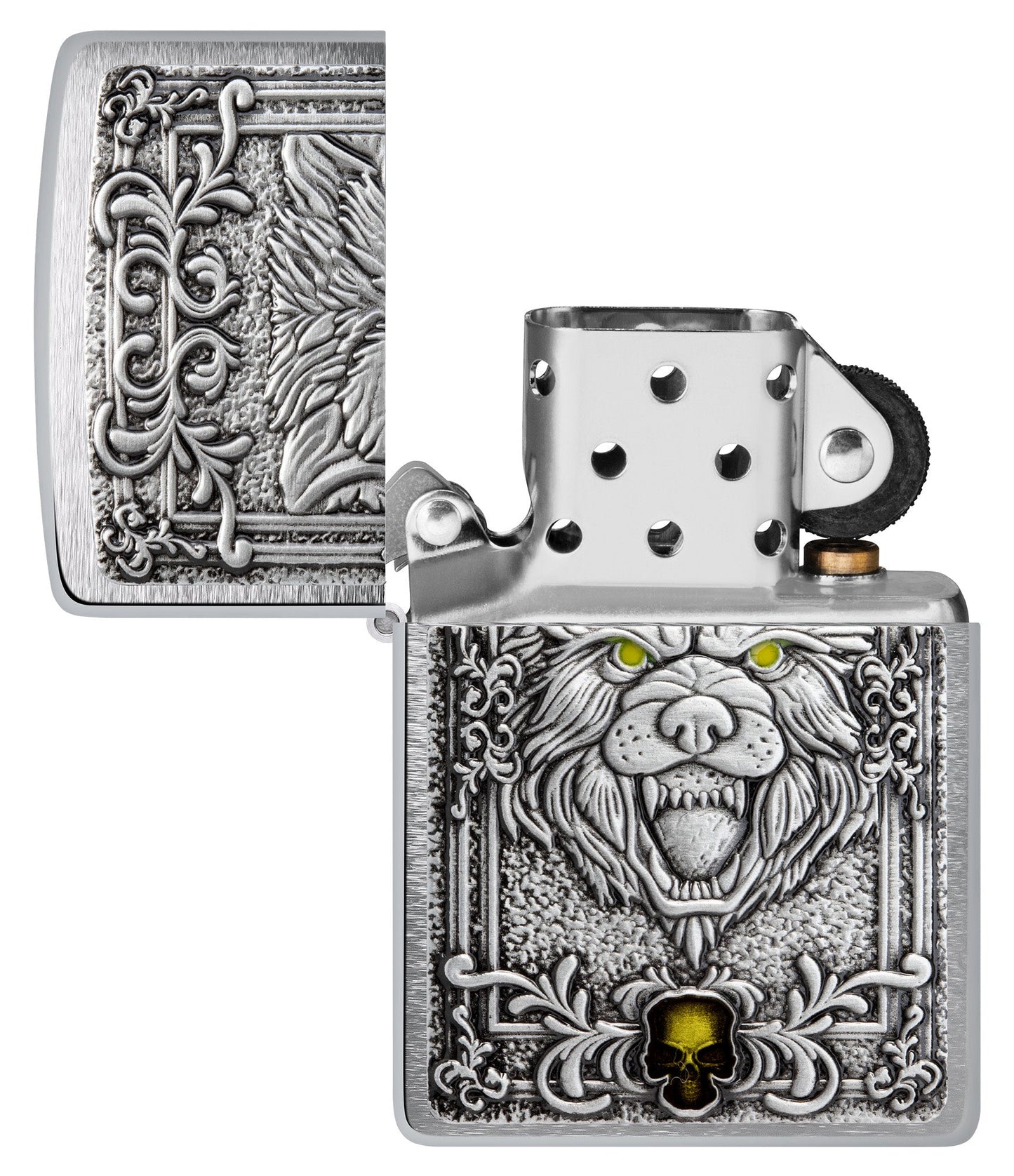 Zippo Wolf Emblem Design Brushed Chrome Windproof Lighter with its lid open and unlit.