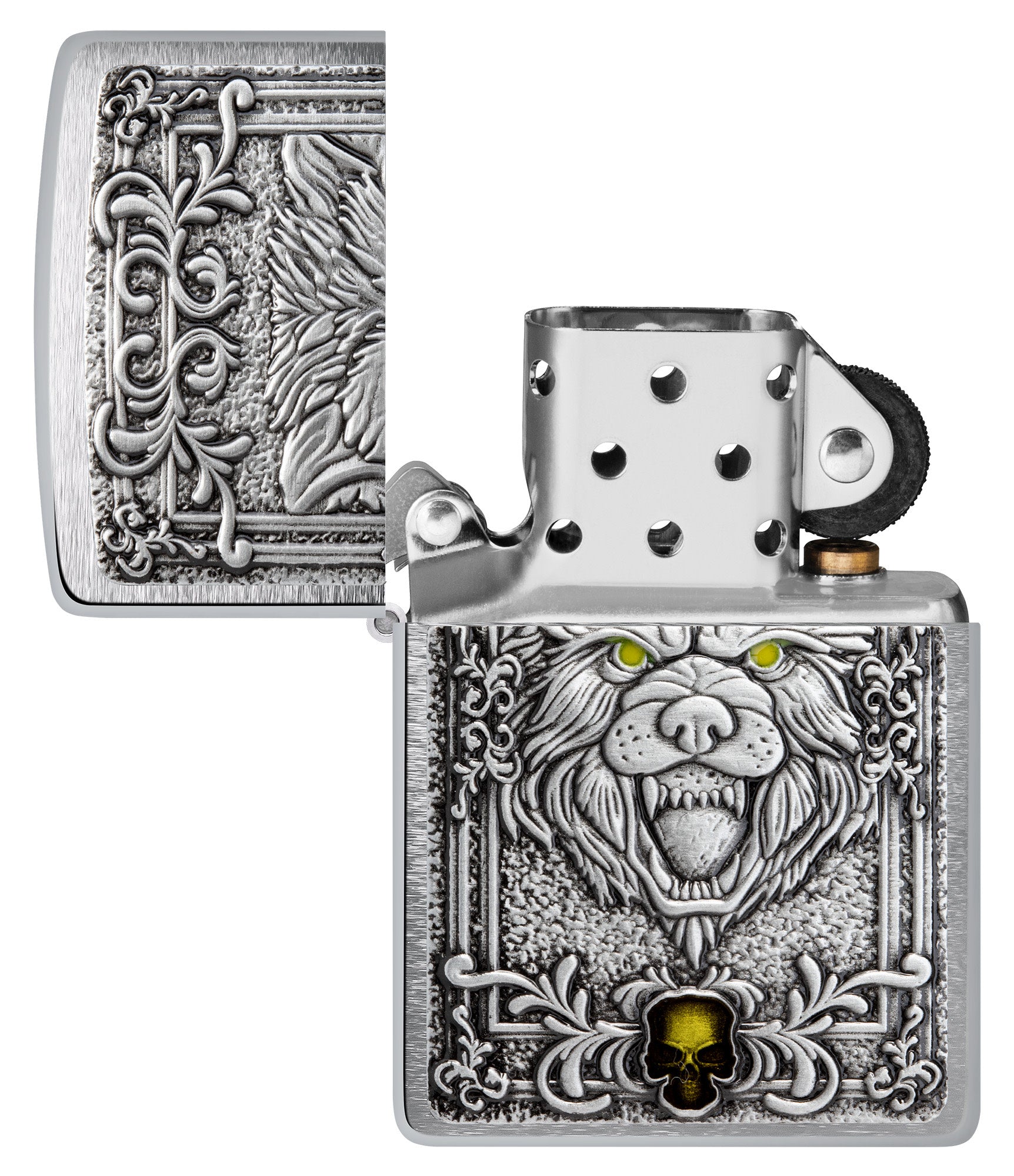 Zippo Wolf Emblem Design Brushed Chrome Windproof Lighter with its lid open and unlit.