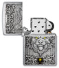 Zippo Wolf Emblem Design Brushed Chrome Windproof Lighter with its lid open and unlit.