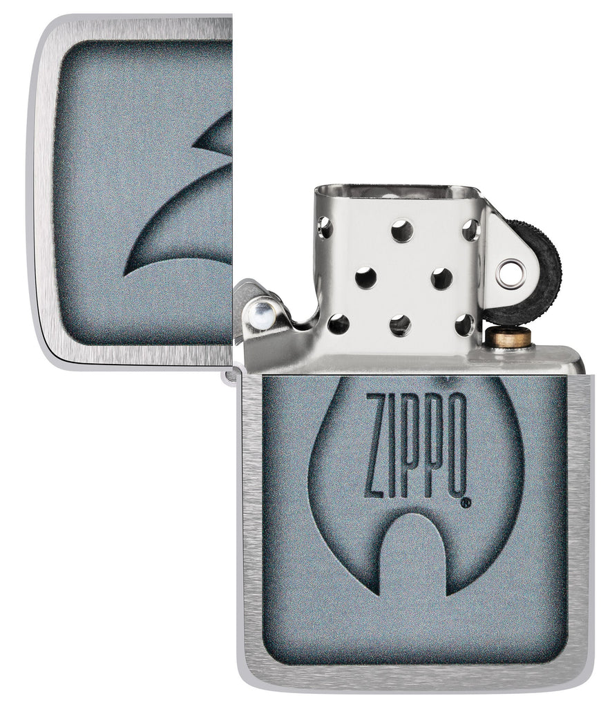 Zippo Logo Flame Design 1941 Replica Brushed Chrome Windproof Lighter with its lid open and unlit.