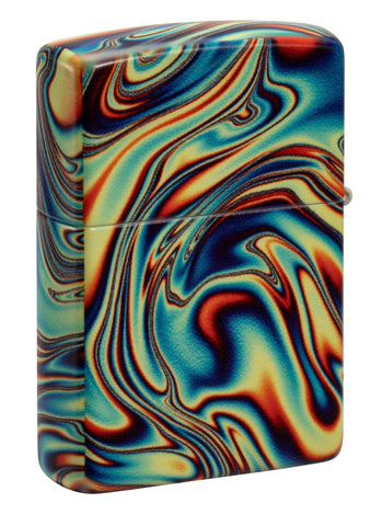 Back shot of Zippo Colorful Swirl Design Glow in the Dark 540 Color Windproof Lighter standing at a 3/4 angle.