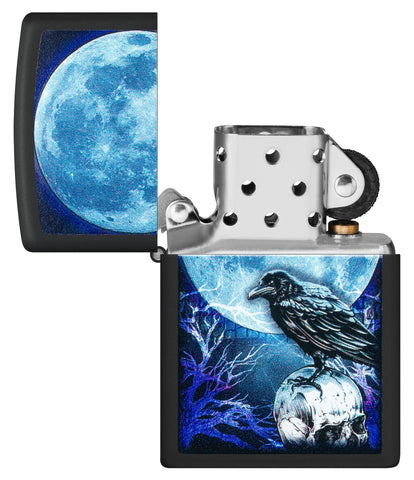 Moonlight Crow Design Black Matte Windproof Lighter with its lid open and unlit.