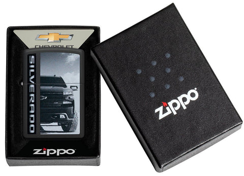 Chevy Silverado Truck Black Matte Windproof Lighter in its packaging.