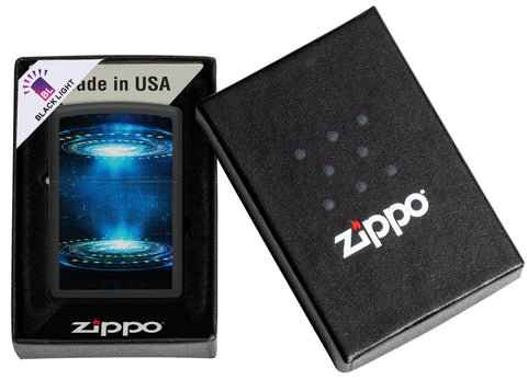 Zippo Black Light UFO Flame Design Black Matte Windproof Lighter in its packaging.