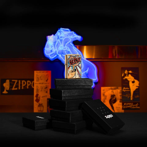 Lifestyle image of Zippo Click Brushed Brass Windproof Lighter, standing on a tower of lighter boxes with a neon Windy in the background with Zippo posters.