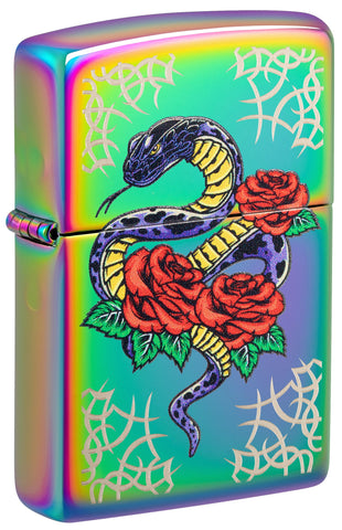 Front shot of Rose Snake Tattoo Design Multi Color Windproof Lighter standing at a 3/4 angle.