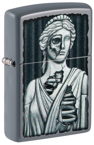 Front shot of Lady Skull Design Flat Grey Windproof Lighter standing at a 3/4 angle