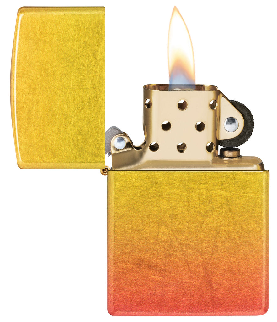 Ombre Orange Yellow 540 Fusion Windproof Lighter with its lid open and lit.