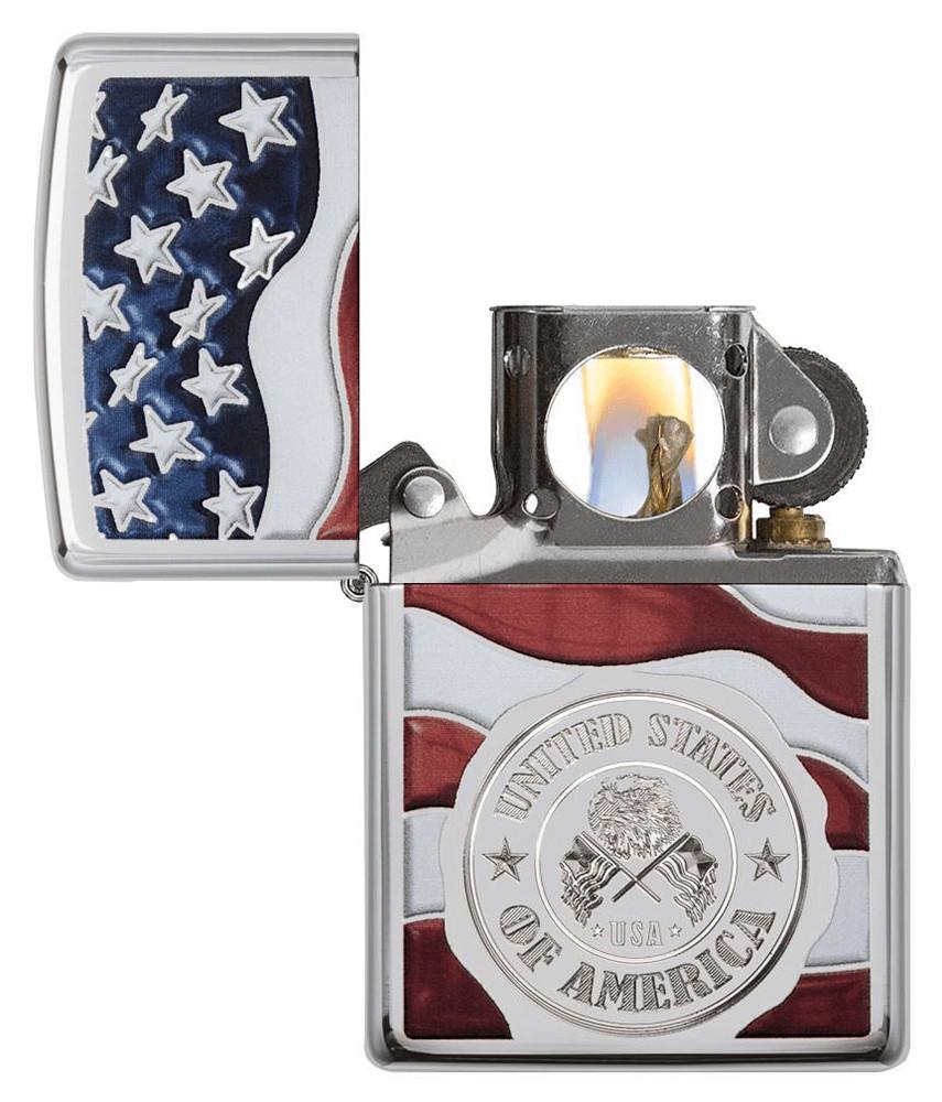 United States Stamp on American Flag Chrome Pipe Lighter with its lid open and lit