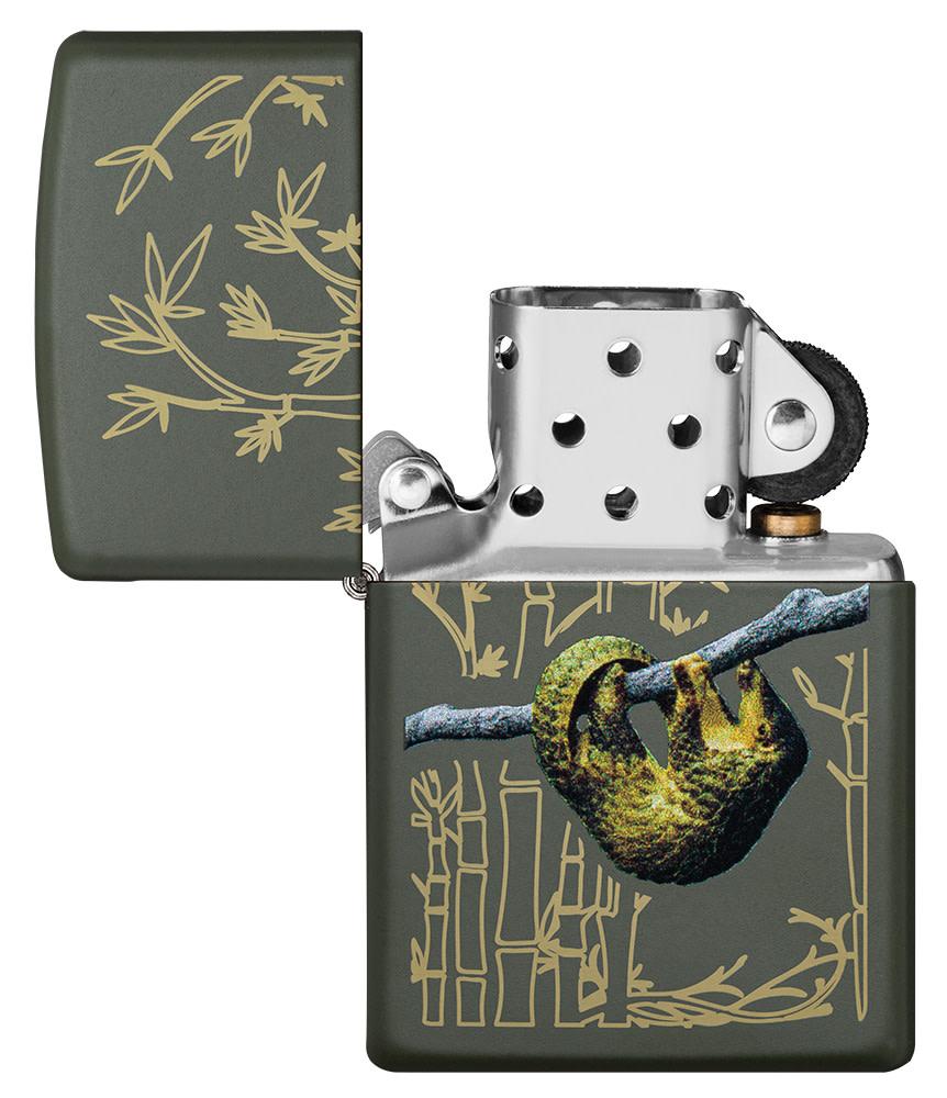 Pangolin Design Green Matte Windproof Lighter with its lid open and unlit