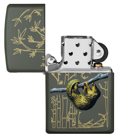 Pangolin Design Green Matte Windproof Lighter with its lid open and unlit