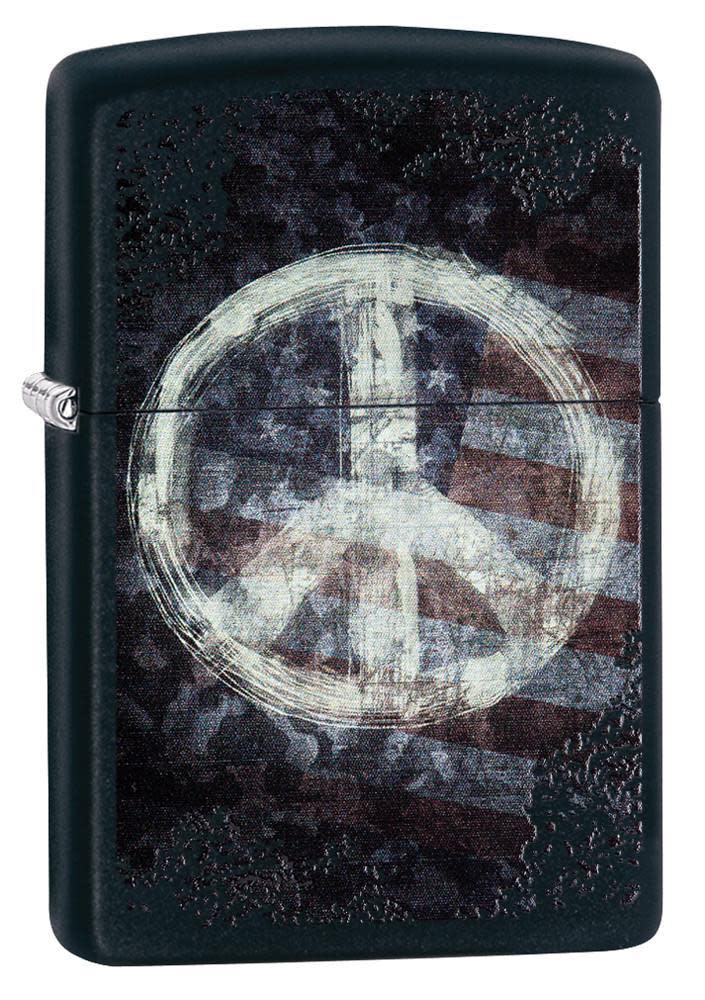 Front shot of Peace on Flag Distressed Design Windproof Lighter standing at a 3/4 angle.