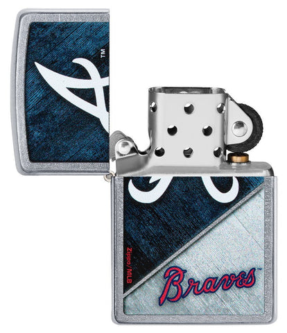 MLB™ Atlanta Braves™ Street Chrome™ Windproof Lighter with its lid open and unlit.
