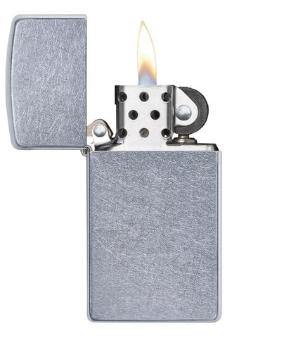 Slim® Street Chrome™ Windproof Lighter with its lid open and lit.
