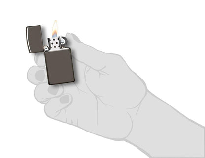 Front view of the Black Ice Finish with Slim Case open in hand and lit.