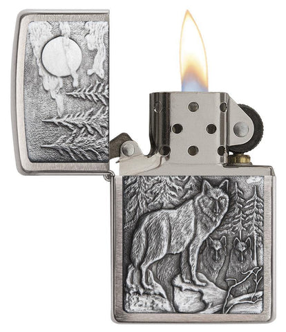 Timberwolves Windproof Lighter with its lid open and lit