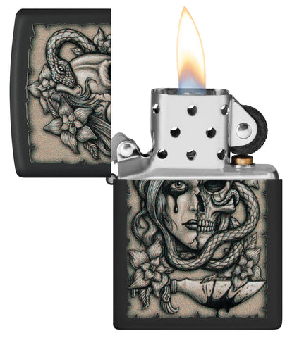 Zippo Gory Tattoo Design Black Matte Windproof Lighter with its lid open and lit.