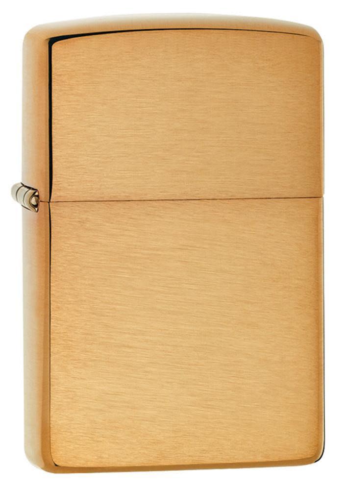 Front view of the Brushed Brass Classic Case Lighter shot at a 3/4 angle 