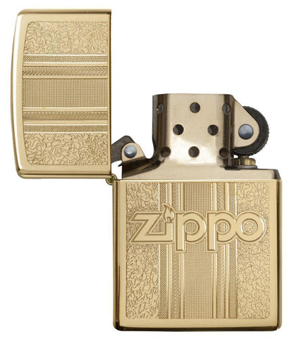 Front view of the Zippo and Pattern Design open and not lit