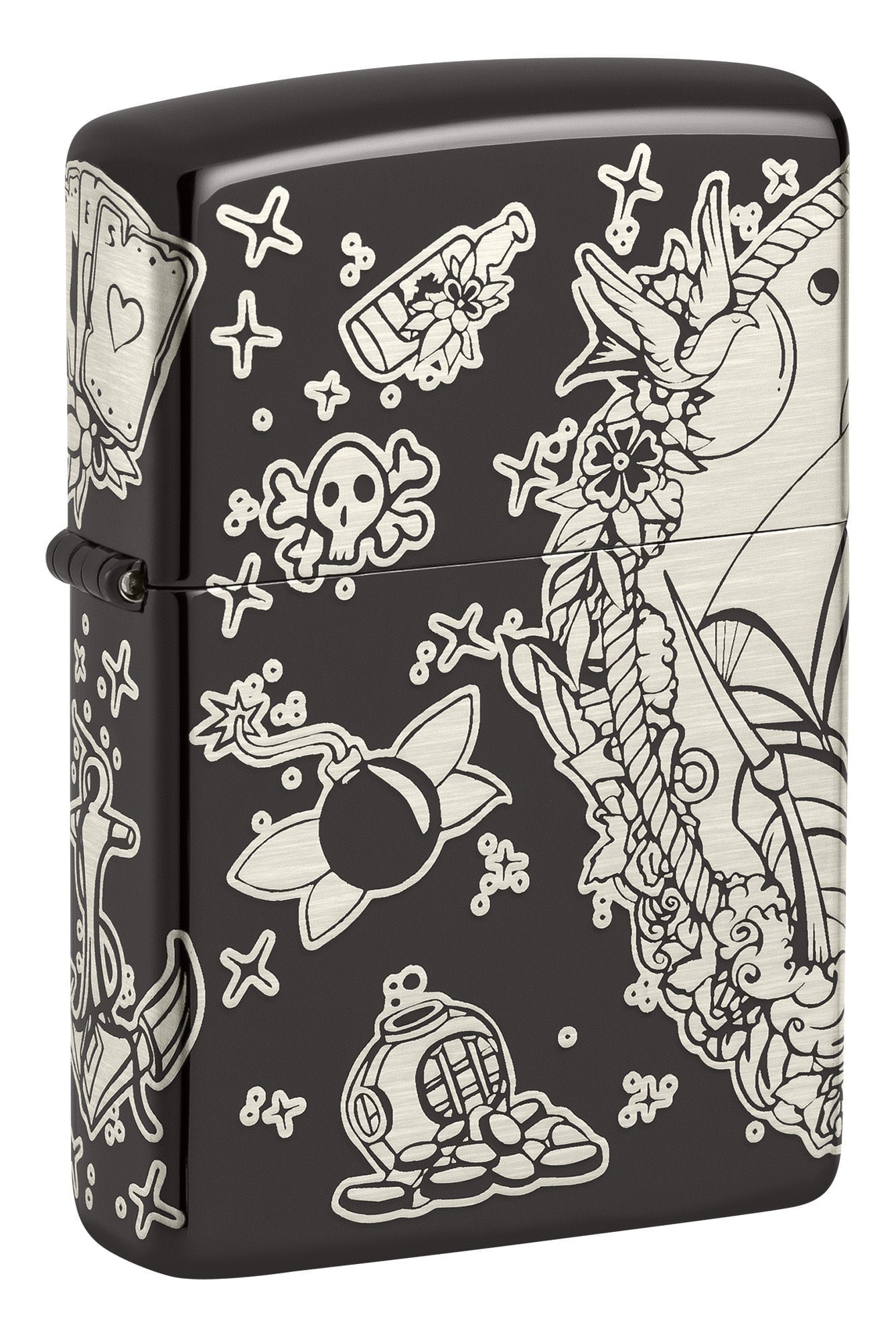 Front shot of Laser 360Â° Pirates Treasure Design High Polish Black Windproof Lighter standing at a 3/4 angle.