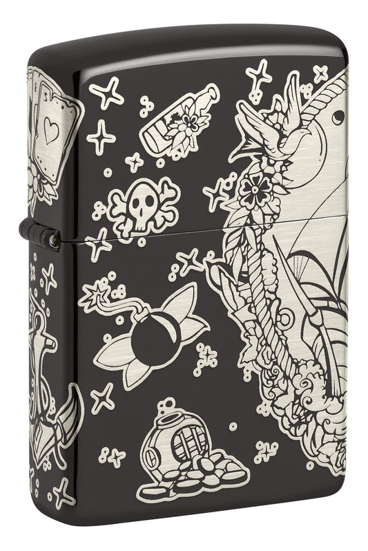 Front shot of Laser 360Â° Pirates Treasure Design High Polish Black Windproof Lighter standing at a 3/4 angle.