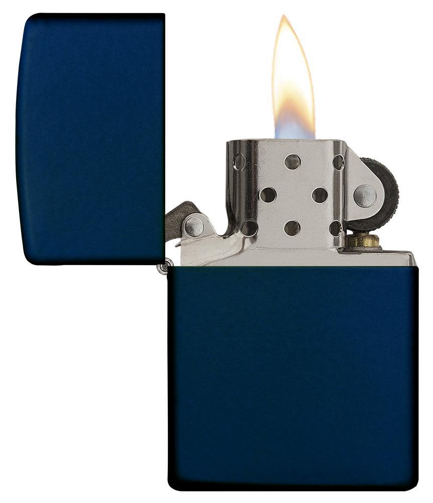 Classic Navy Matte Windproof Lighter with its lid open and lit