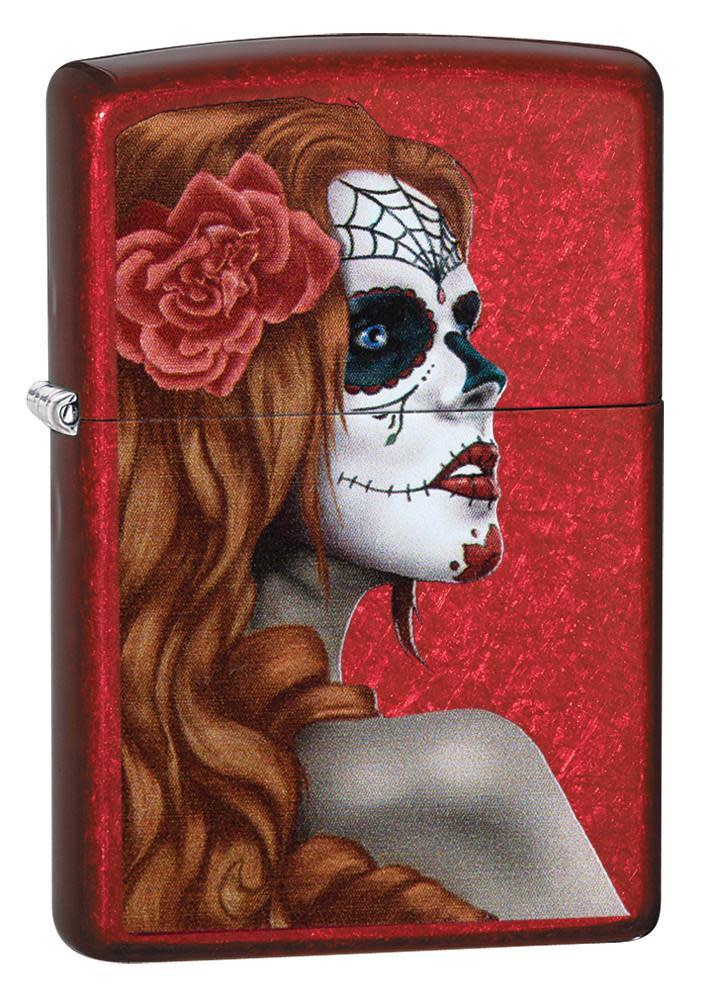 Front shot of Dia De Los Muertos Candy Apple Red Windproof Lighter standing at a 3/4 angle