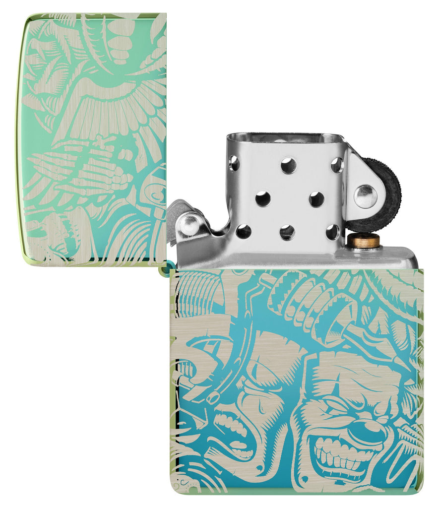 Laser 360° Tattoo Theme Design High Polish Teal Windproof Lighter with its lid open and unlit.