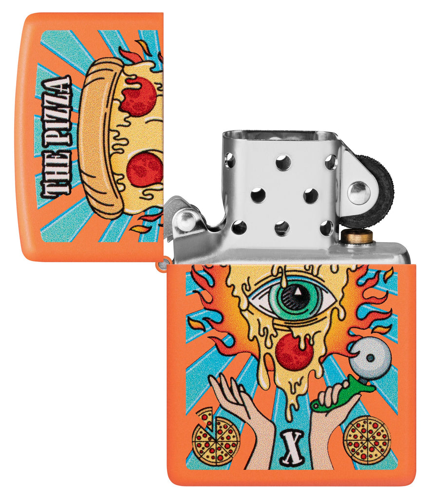 Zippo Eye of Pizza Orange Matte Windproof Lighter with its lid open and unlit.
