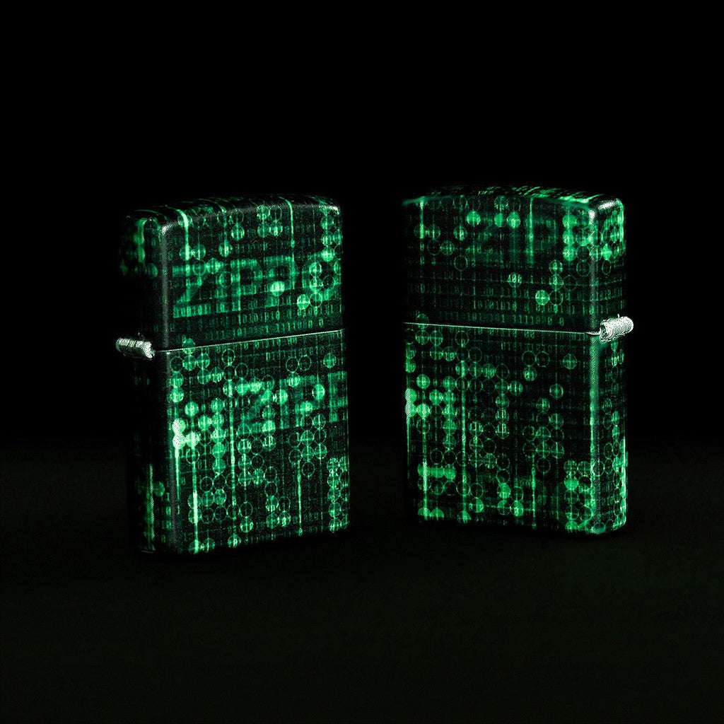 GIF of Glow In the Dark 540 Color Pattern Design Windproof Lighter switching from glowing to not glowing.