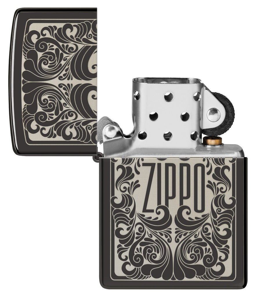 Zippo Logo Filigree Design High Polish Black Windproof Lighter with its lid open and unlit.