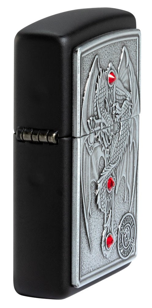 Anne Stokes Gothic Guardian Emblem Black Matte Windproof Lighter with its lid open and lit.