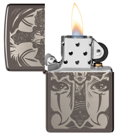 Day of the Dead Skull Cross Design Black Ice Windproof Lighter with its lid open and lit.