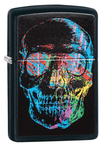 Front shot of Colorful Skull Black Matte Windproof Lighter standing at a 3/4 angle