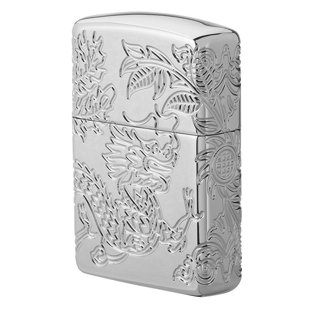 Front view of Armor® Dragon and Phoenix Design Windproof Lighter standing at a 3/4 angle showing the right side of the lighter