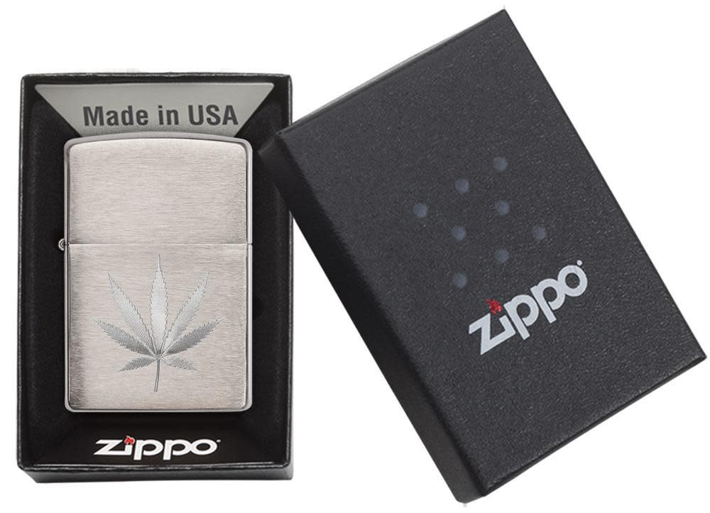 Chrome Marijuana Leaf Design Brushed Chrome Windproof Lighter in its packaging