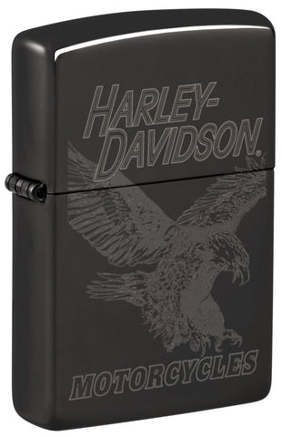 Front shot of Zippo Harley-Davidson Laser Fancy Fill High Polish Black Windproof Lighter standing at a 3/4 angle.