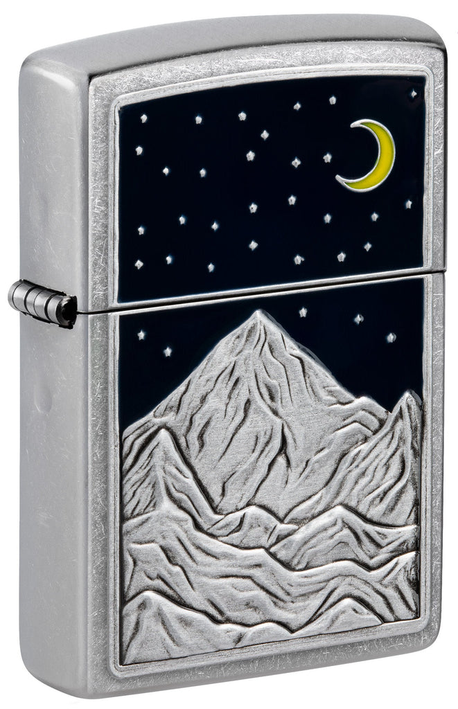 Front shot of Zippo Mountain Emblem Street Chrome Windproof Lighter standing at a 3/4 angle.