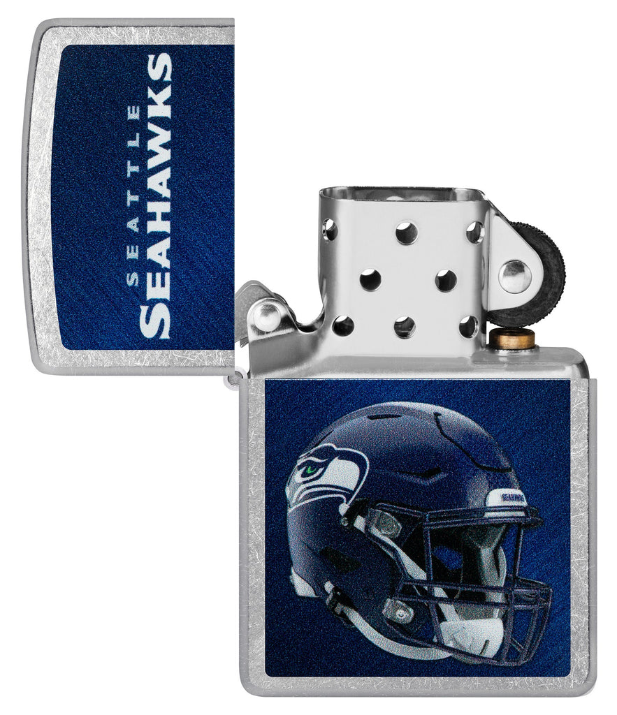 NFL Seattle Seahawks Helmet Street Chrome Windproof Lighter with its lid open and unlit.